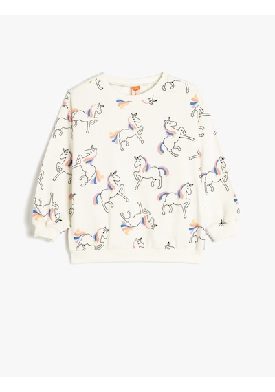 Koton Unicorn Sweatshirt Uzun Kollu Bisiklet Yaka Bej Desenli 5wmg10099ak Ekru
