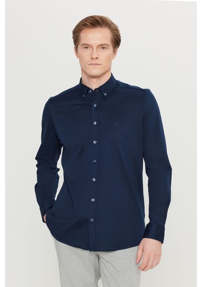 AC&Co / Altınyıldız Classics Erkek Lacı %100 Pamuk Slim Fit Dar Kesim Düğmeli Yaka Örme Gömlek Lacı