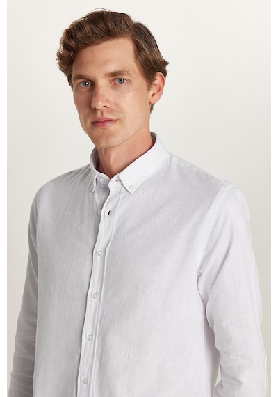 Tudors Erkek Slim Fit Dar Kesim %100 Pamuk Keten Doku Düğmeli Yaka Beyaz Gömlek-26921 Beyaz