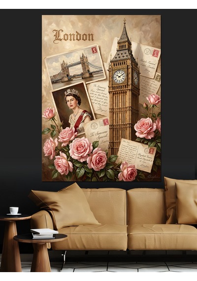 Londra Big Ben Ve Güller Kolaj Dekoratif Kanvas - Mdf Ahşap Tablo