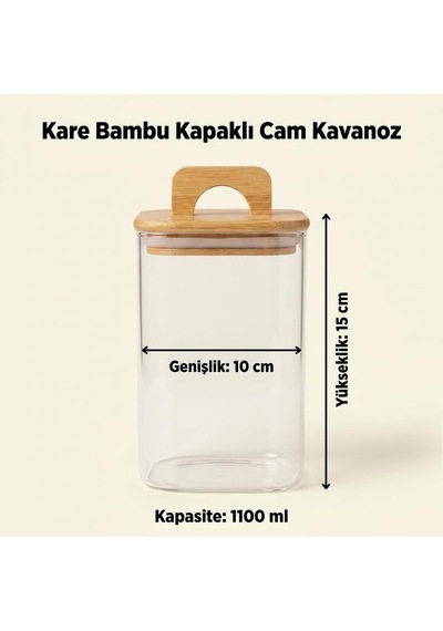 Bambu Kapaklı Kare Borosilikat Cam Kavanoz 1100 Ml, 10 15 Cm, Contalı Tutma Kulplu Şeffaf Erzak Kabı, Kahve Bakliyat Kuruyemiş Ve Kuru Gıda Saklama Kavanozu Çok Renkli