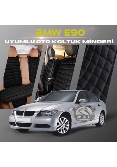 Bmw E90 Siyah Renk Tay Tüyü Cepli & Terletmez Sırtlı Oto Koltuk Minder Seti - Koltuk Koruma Kılıfı Ön & Arka Tam Set