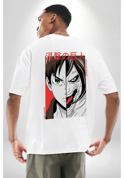 Anime Titan Saldırısı Beyaz Oversize Unisex Ön Ve Sırt Baskılı Tişört Beyaz