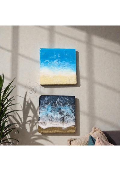 Maldivler İlhamlı Mini Epoksi Okyanus Tablosu, El Yapımı Resin Duvar Sanatı, 15x15 & 20x20 Cm 1 Adet