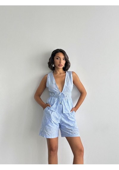 Verymoda Önden Bağlamalı Nakışlı Vual Bluz D2911 Mavi