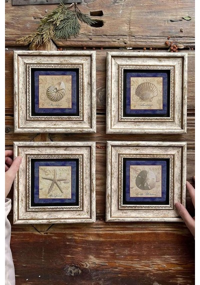 Oscar Stone Decor Çerçeveli Taş Tablo Duvar Dekoru 20x20cm 4'lü Set Deniz Kabuğu Seti Shell 4-4cdd-190