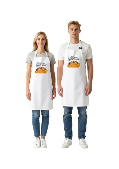 Kadın Unisex Aşçı Önlüğü Taco Baskılı Mutfak Çalışması Rahat Kesi Beyaz