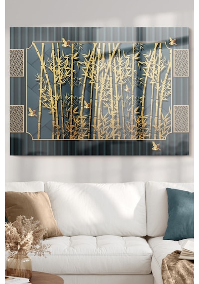Gold Detaylı Ağaç Dalları Ve Kuş Doğa Temalı Cam Tablo 50x70 Cm