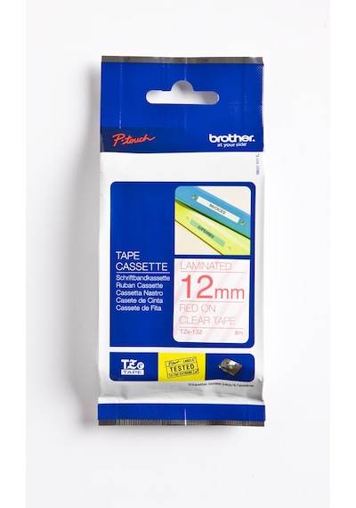 BROTHER P-TOUCH TZE-132 TZE-TAPE 12MM ŞEFFAF ÜZERİNE KIRMIZI LAMİNASYONLU ETİKET