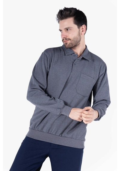 İki İplik Polo Yaka Cepli Sweatshirt Füme Melanj