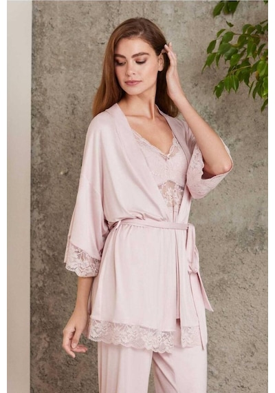 Pierre Cardin Dantelli Sabahlıklı Penye Pijama Takımı Pudra 001