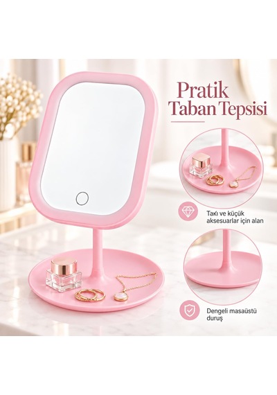 Led Işıklı Masaüstü Ayna, Dokunmatik Kontrol, Tepsili Taban, Kozmetik Model, Makyaj Aynası Pembe, Dikdörtgen Genel