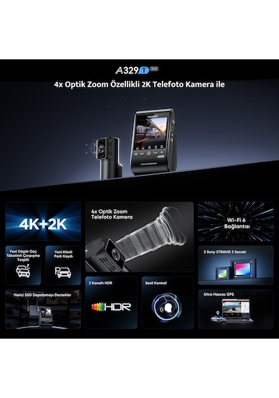 Viofo A329T 2 Kameralı Ön+Telefoto 4K 60FPS+2K Wi-Fi 6 HDR Sony STARVIS 2 Sensör GPS'li SSD Destekli Araç Kamerası