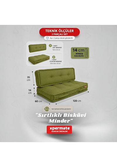 Xpermate Bisküvi Yer Minderi 60x120 Kalın Palet Balkon Petek Önü Fermuarlı Minder Yeşil