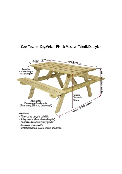 İahşap 150 Cm Fırınlanmış Emprenyeli Ahşap Piknik Masası - Özel Üretim Dış Mekan Kahverengi