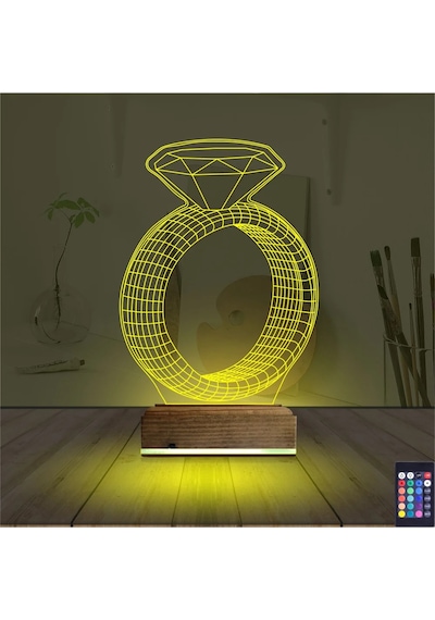 Luvivia Tek Taş Yüzük Sevgiliye Hediye 3d Lamba - Masa Gece Lambası