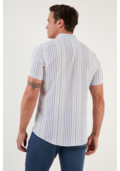 Buratti Çizgili Pamuklu Slim Fit Kısa Kollu Erkek Gömlek Cf23S116097 Beyaz-Saks