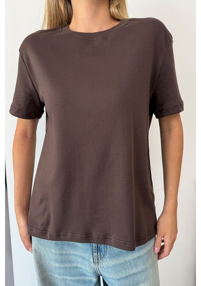Kadın Bisiklet Yaka Basic T-shirt Kahverengi - 26y 26118