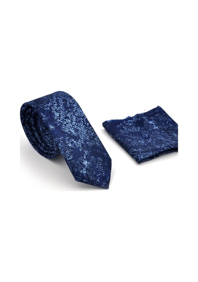 Gaffy Mavi Lacivert Karışık Desenli Dokuma Kumaş Mendilli Slim Fit Kravat // Sdk230907 Lacivert - Mavi