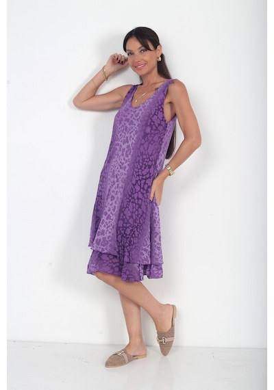 By Saygı Kadın İtalyan Cotton Leopar Desenli Astarlı Sıfır Kol Midi Elbise Mor