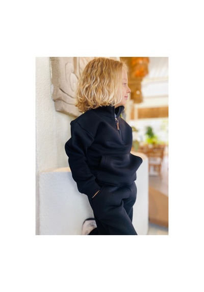 Heyadventure Erkek / Kız Çocuk Dik Yaka Sweatshirt Kangru Cepli 3 İplik Şardonlu Siyah Siyah