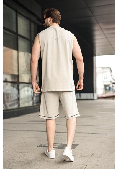 Madmext Boyalı Gri Bisiklet Yaka Kolsuz Erkek Şort T-shirt Takım E7351 Boyalı Gri