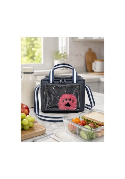 Çocuk Termal Okul Beslenme Çantası Şeffaf Cepli Peluş Aksesuarlı Omuz Askılı Lunch Bag Gri