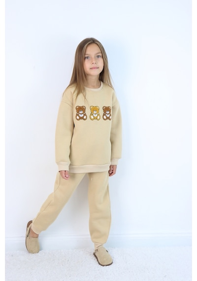 Harika Kids Kız Çocuk 3'lü Ayıcık Nakışlı 3 İplik Oversize Şardonlu Takım Ekru