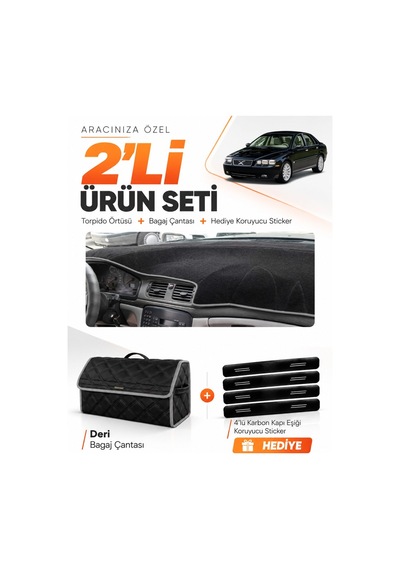 Volvo S80 1998-2006 Uyumlu Torpido Örtüsü + Deri Bagaj Çantası + Sticker Seti - Siyah Gri