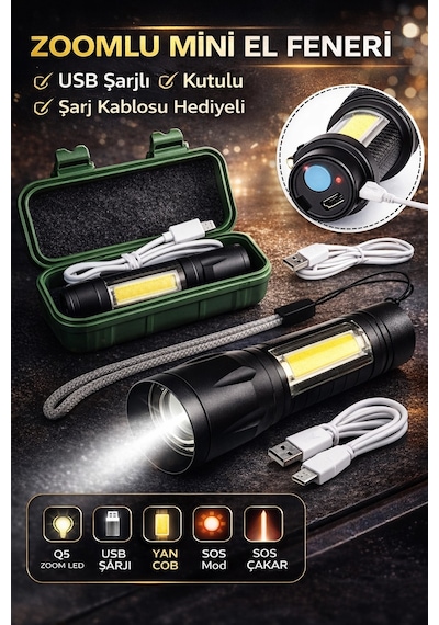 Usb Şarjlı Zoomlu Mini El Feneri Q5 Güçlü Işık Yan Cob Led Sos Mod Kutulu Şarj Kablolu Set