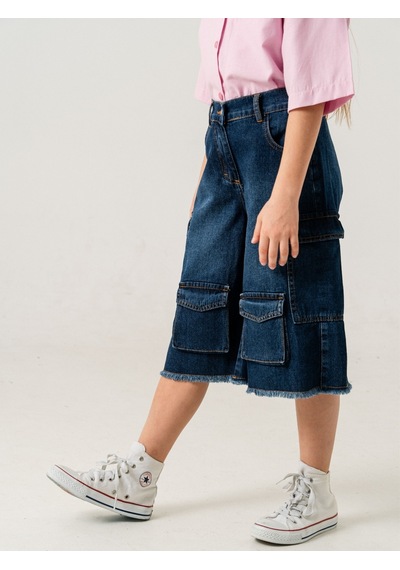 Kız Çocuk Çok Cepli Kot Şort 2861 Mavi