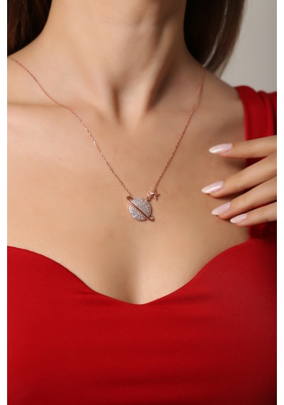 Çekirdekjewelry 925 Ayar Gümüş Rose Kaplama Gezegen Kolye Pembe