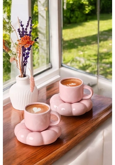 Mithra Life 2 Adet 95 Ml Papatya Şekilli Seramik Pembe Türk Kahvesi Fincan Takımı Mıt1159 Pembe