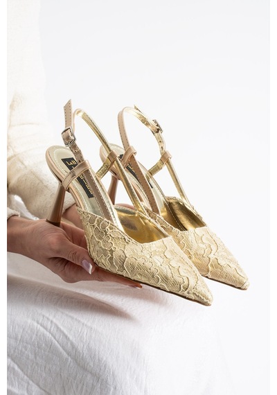 Lebibe Shoes Lısa Kadıngold Sivri Burun 7 Cm Topuklu Çiçek Dantel Desenli Rugan Slingback Ayakkabı Gold