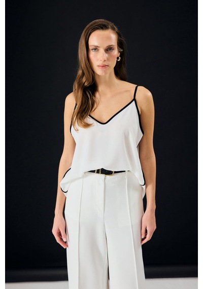 Sateen Kontrast Askılı Bluz - Ekru-137318