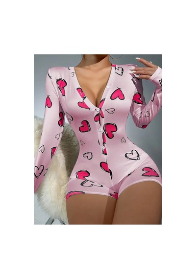 Gugus Kadın Düğmeli Kısa Şortlu/uzun Kollu Düğmeli Tulum Açık-pembe-kalpli