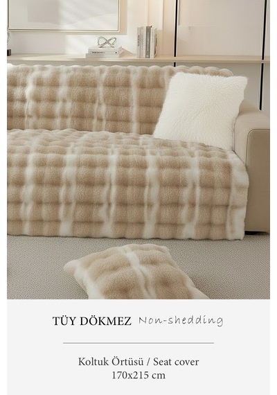 Lüks Kürklü Koltuk Örtüsü 170x215 Cm Yumuşak Peluş Kaymaz Taban Kanepe Örtüsü Kahve Krem Krem - Kahve