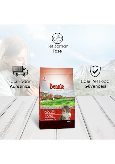 Bonnie Renkli Taneli Dana Etli Yetişkin Kedi Maması 1,5 Kg X 2 Adet