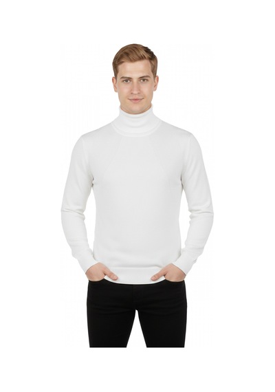 Deepsea Erkek Beyaz Tam Balıkçı Yaka Yanları Desenli Slim Fit Boğazlı Triko Kazak 2505495 Beyaz