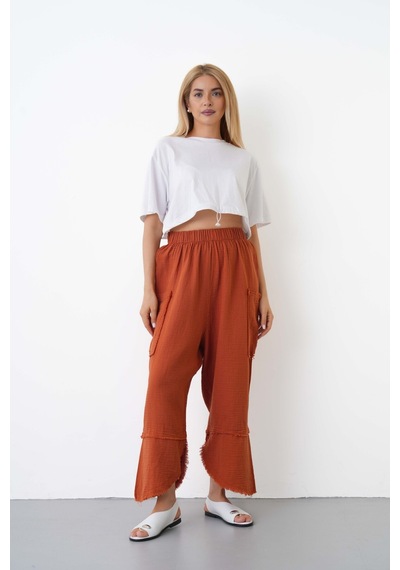 The Voler %100 Pamuk Müslin Şalvar Pantolon Kadın Yüksek Bel Oversize Rahat Kesim Cepli Siyah Yazlık Pantolon Kiremit The Voler %100 Pamuk Müslin Şalvar Pantolon Kadın Yüksek Bel Oversize Rahat Kesim Cepli Siyah Yazlık Pantolon Kiremit