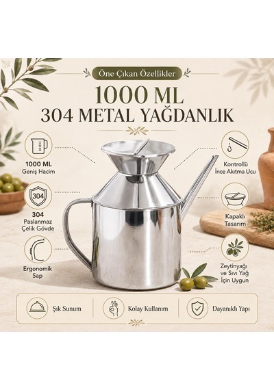 Lexroo 1000 Ml 304 Paslanmaz Çelik Yağdanlık, İnce Uçlu Kulplu Yağ Şişesi Çok Renkli