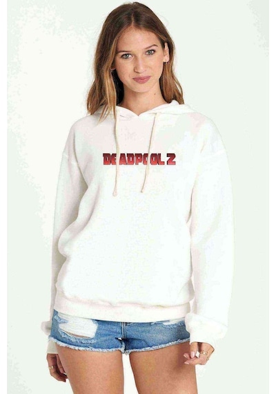 Deadpool 2 Logo Yazı Baskılı Beyaz Kadın Kapşonlu Sweatshirt