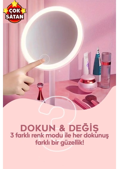Işıklı Dokunmatik Makyaj Aynası Pembe & Beyaz 3 Kademeli Işık Ayarı 360 10669 Çok Renkli