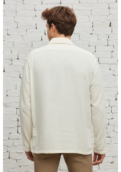 AC&Co / Altınyıldız Classics Erkek Bej Comfort Fit Rahat Kesim Gizli Düğmeli Yaka %100 Pamuk Kışlık Gömlek Ceket Bej