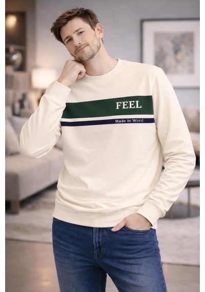 The Feel Marcel Erkek Dar Kesim Flim Fit Bisiklet Yaka Desenli Kazak Krem