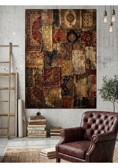 Patchwork Eskitilmiş Halı Desenleri Tablosu Dekoratif Kanvas - Mdf Ahşap Tablo Çok Renkli