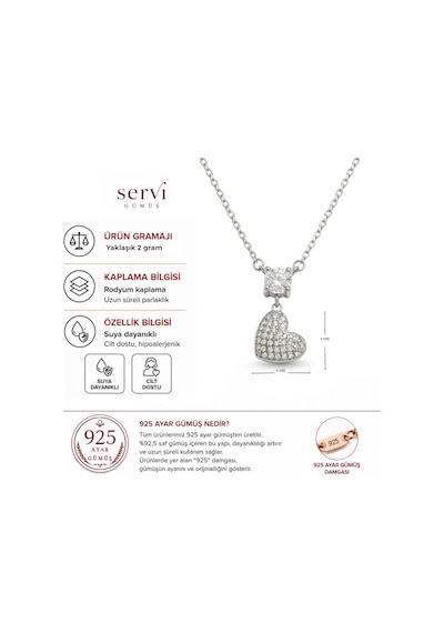 Servi 925 Ayar Gümüş Zirkon Taşlı Kalp Detaylı Tektaş Kolye -452