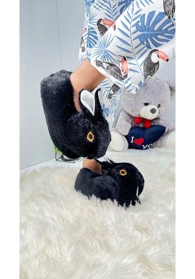 Nstil Kadın Panduf Tavşan Figürlü Peluş Ev Botu Desenli Düz Taban Rahat Hafif 359 Siyah
