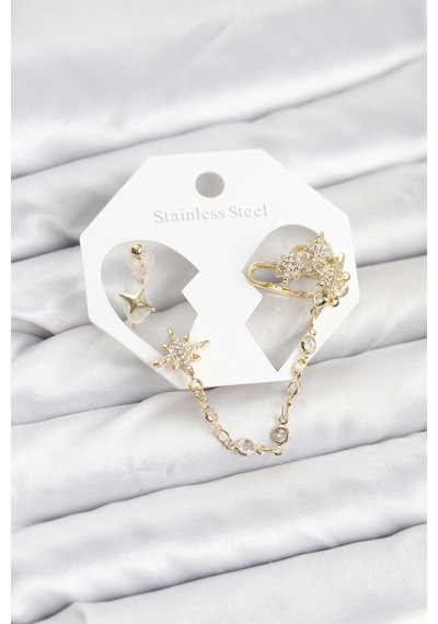 Kutup Yıldızı Model Pirinç Gold Renk Zincir Bağlantılı Ear Cuff Küpe Seti - Çok Renkli
