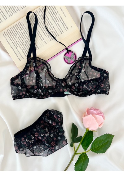 Arinda Butterfly Siyah Tül Çiçek Desenli Balenli Kapsız Fırfırlı Bralette Sütyen Tanga İç Çamaşırı Takımı Alt Üst 2 Parça